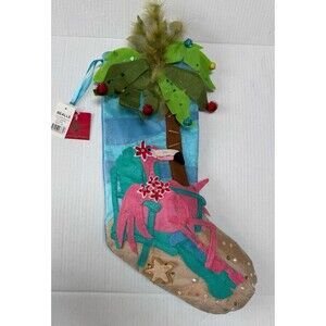BEALLS Tropical Pink Flamingo Ch-mas Stocking 3D Beach Decor Appliquéd 19x11 in